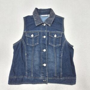Chicos Platinum Denim Vest Womens Medium Blue Dark Wash Rhinestone Collar